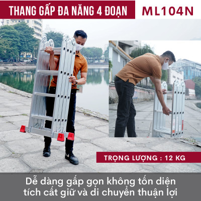 Thang nhôm gấp 4 đoạn đa năng FUJIHOME ML104N, cao chữ A  2.2m - chữ I 4,4 mét ,14 tư thế sử dụng , chốt khóa tự động, chân chống trơn trượt- Hàng chính hãng