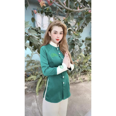 Đồ Lam đi chùa thiết kế cao cấp sj22 thêu SEN BỌC NÚT VẢI thủ công