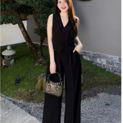 { Tách lẻ sản phẩm} Set áo ghile nữ chất linen loại 1, quần ống rộng hách dáng tôn da màu Đen Bv10