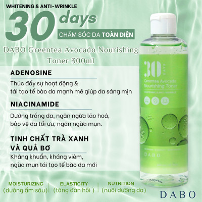 Nước hoa hồng trà xanh và bơ dưỡng trắng da, chống nhăn, kháng khuẩn ngừa mụn - DABO Greentea Avocado Nourishing Toner 300ml