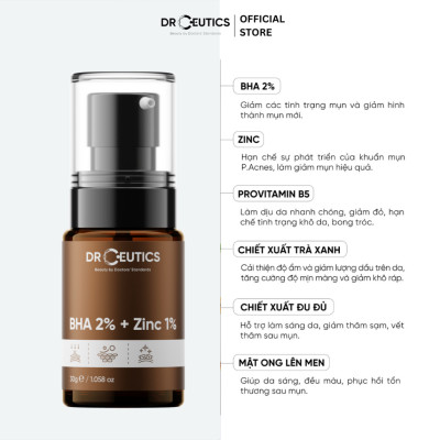 DRCEUTICS Serum Kẽm BHA 2% + Zinc PCA 1% DrCeutics giảm mụn và giảm tiết dầu 30g