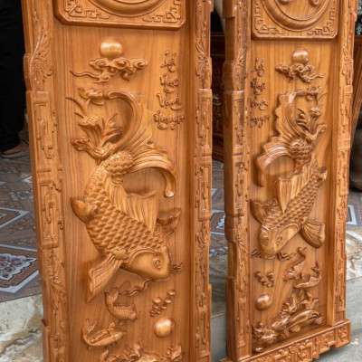 Tranh treo trạm khắc  lý ngư vọng nguyệt bằng gỗ gõ kt 41×117×4cm 