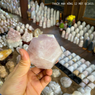 Thạch anh hồng 12 mặt NHASAN QC1415 kết nối năng lượng trong thiền định - nặng 360gr, đường kính 7.1cm