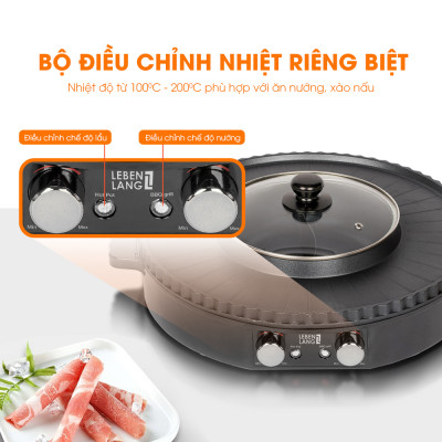 Nồi lẩu điện 2 ngăn Lebenlang LBTT5288, bếp lẩu nướng 2in1 đa năng tròn loại to,công suất 1800W tiện lợi cho gia đình - hàng chính hãng