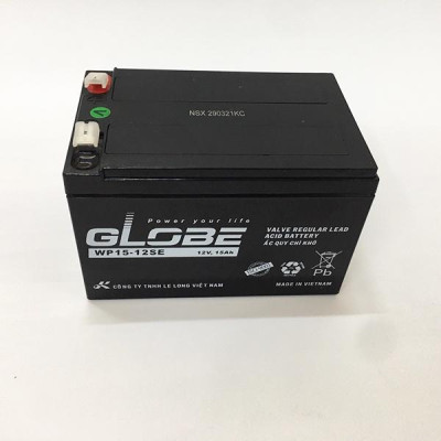 Bình Ắc Quy Khô Globe WP15-12SE 12V15AH, dùng cho loa kéo, bình phun thuốc, ups, xe đạp điện