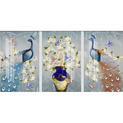 Bộ tranh 3 Bức Dài- Tranh treo phòng khách- Tranh treo tường Chim Công C50032 /Gỗ MDF cao cấp phủ kim sa/ Chống ẩm mốc, mối mọt/Bo viền góc tròn