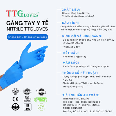 Găng Tay Cao Su Y Tế Size XS Không Bột Nitrile TTGLOVES Màu Xanh (100 Chiếc)