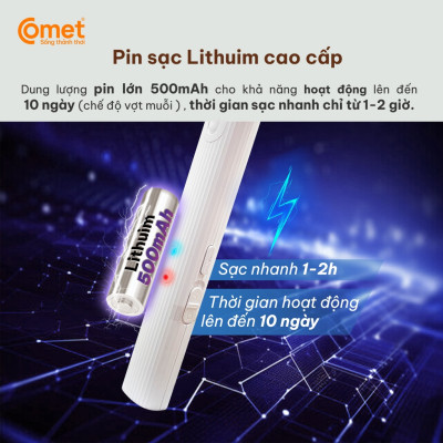 Vợt muỗi điện Comet CP049 Pin Lithium 500mAh sạc 2h dùng 10 ngày BH 12T cổng sạc type C