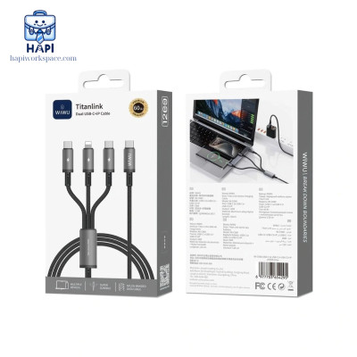 Cáp sạc hàng chính hãng WiWU Titanlink 3 trong 1 Wi-C060: Công suất 60W, tích hợp 2 Type-C, 1 L, sạc đa năng