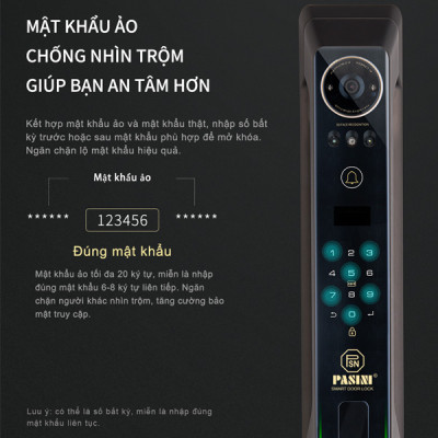 Khóa điện tử thông minh khóa nhận diện khuôn mặt PASINI PS02CG60A (Đen) PS03CS60A (Bạc) với 7 phương thức mở khóa nhận diện khuôn mặt, vân tay, thẻ từ, mật khẩu