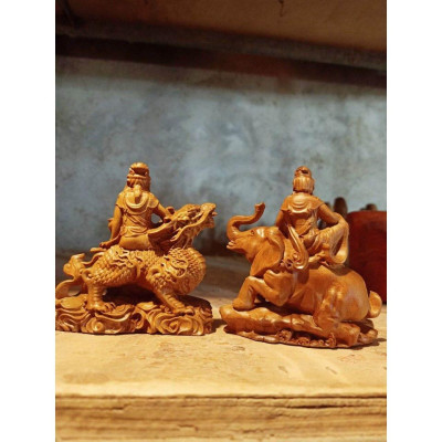 Cặp tượng văn thù phổ hiền bồ tát bằng gỗ bách xanh thơm nức kt 10×10×4cm