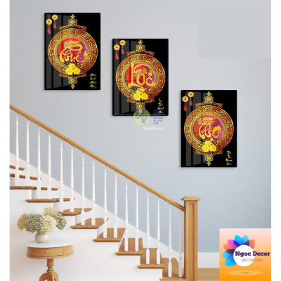 Tranh tráng gương Phúc Lộc Thọ tranh tráng gương phòng ngủ, tranh pha lê treo phòng khách combo 3 bức