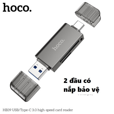 Đầu đọc thẻ nhớ đa năng chuẩn 3.0 hai đầu kết nối Usb và type C cho điện thoại laptop hoco HB39 _  hàng chính hãng