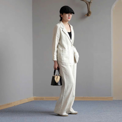 Set bộ áo khoác blazer tay dài và quần ống rộng cạp chun cực phong cách, tối giản, vintage