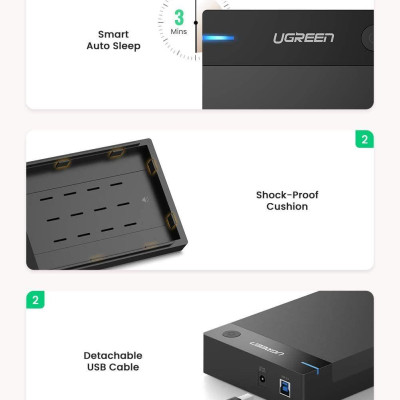 Ugreen UG50423US222TK hỗ trợ 16TB hộp đựng ổ cứng 3.5" 2.5 inch chuẩn SATA ra usb 3.0 có cấp nguồn - HÀNG CHÍNH HÃNG