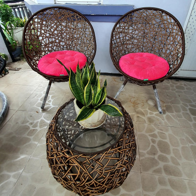 Bộ bàn ghế sân vườn + xích đu NAVICOM - Nệm  vải nhung hồng