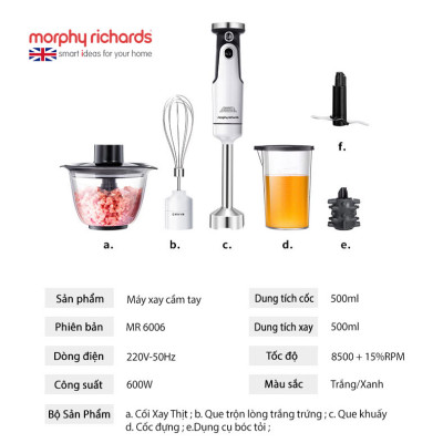 Máy xay cầm tay Morphy Richards MR6006, 4 trong 1, sinh tố, đánh trứng, bóc tỏi và xay thịt, hàng chính hãng