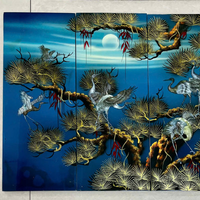 Bộ Tranh sơn mài 4 tấm -TÙNG HẠC DIÊN NIÊN - khảm cừ size 50x80 cm - Ý Nghĩa Phong Thủy