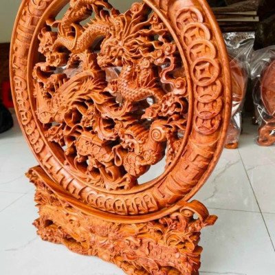 Đĩa trạm khắc tứ linh trang trí phong thủy bằng gỗ hương đá kt mặt tròn 40×4cm