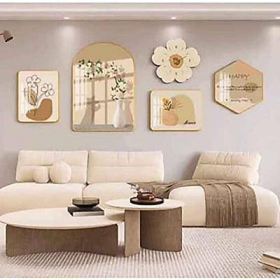 Bộ 5 tranh tráng gương kết hợp đồng hồ phong cách tối giản thích hợp trang trí phòng khách