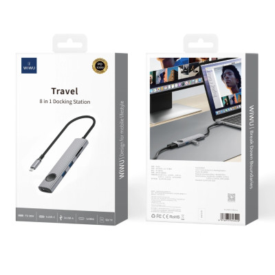 Hub chuyển đổi chia cổng USB-C 8in1 sạc nhanh 100W trang bị 2 USB 3.0 + 3 PD Type-C + Micro SD SD + HDMI 4K@60Hz hiệu WIWU Travel cho Macbook Laptop cho iPhone - Hợp kim nhôm, đa năng để vừa sạc vừa xuất màn hình và truyền dữ liệu  - Hàng nhập khẩu