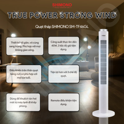 Quạt Tháp SHIMONO SM-TF46GL 45W Họa Tiết Kim Cương Cao Cấp, Màn Hình Led Hiển Thị Nhiệt Độ Phòng, Cao 117cm, BH 12 Tháng Hàng Chính Hãng