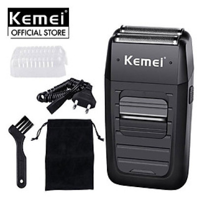 Máy cạo râu Kemei KM-1102 lưỡi kép chuyên dụng cạo tỉa râu, cạo đầu, fade tóc có đ��u tỉa phụ dùng để tỉa tóc mai, ria mép có túi đựng tiện lợi mang đi, máy sử dụng pin sạc