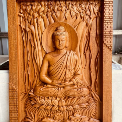 Tranh treo tường tượng phật thích ca mâu ni bằng gỗ hương đá kt 67×46×4.5cm