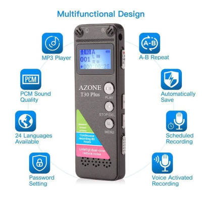 KHUYẾN MÃI KHỦNG, SỐ LƯỢNG CÓ HẠN - ROGTZ - Máy ghi âm Azone T30 Plus Ghi âm 80 giờ Dung lượng 8GB Micro kép Chống ồn chủ động Màn hình LCD Đa định dạng WMA, MP3, WAV Bảo mật Hội thảo Họp hành Ghi ý tưởng Hàng chính hãng