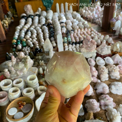 Thạch anh hồng 12 mặt 8cm NHASAN QC1412 Hút vượng khí nặng 520gr