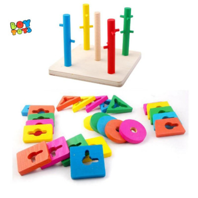 Đồ Chơi Gỗ Luyện Tay Luồn Cọc Thông Minh - Thả Hình Khối Trên 5 Cột Trụ Đa Dạng Cho Bé