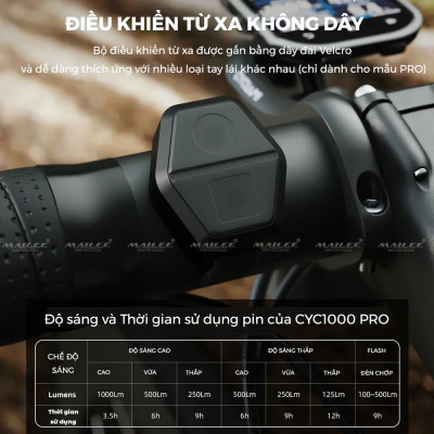 Đèn Xe Đạp Trước CYC-1000Pro độ sáng 1000 Lumens, pin dung lượng 5000 mAh, có remote điều khiển, sử dụng lên đến 12h tùy độ sáng, Chống Chói Đi Đêm Địa Hình Treo (Ko kèm pad đỡ ngược) - Mai Lee