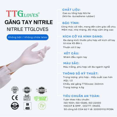 Găng Tay Y Tế Size M Không Bột Nitrile TTGLOVES Màu Trắng ( 100 Chiếc/hộp)