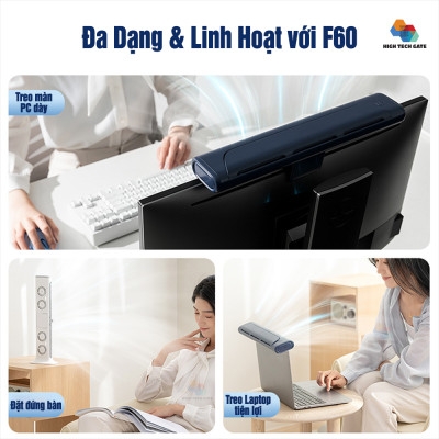 Quạt sạc kẹp treo màn hình máy tính F60 có chân đế đặt đứng bàn tiện lợi, không dây, có thể điều chỉnh góc thổi, hàng chính hãng