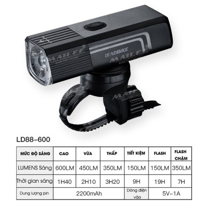 Đèn pha xe đạp gắn xe LD88-600LM độ sáng 600 lumen, pin dung lượng cao 2200mAh, chất liệu vỏ nhôm, chống nước IP66, có hỗ trợ pad gắn treo (2 tùy chọn) - Mai Lee