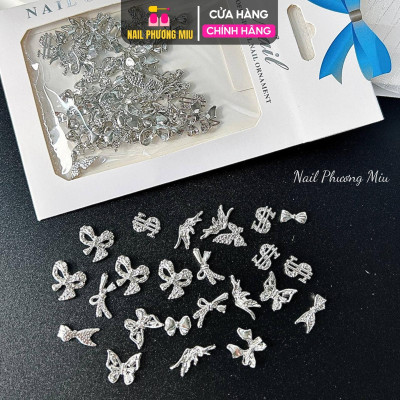Set 50 Charm Bướm Nơ Kim Loại Đính Móng Hàn Quốc Làm Nail, Charm Nơ Mix Bướm Màu Bạc Trắng Gắn Móng Siêu Đáng Yêu Nữ Women