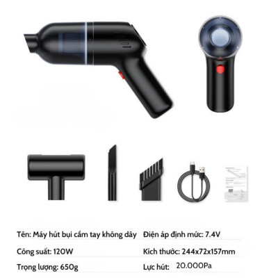 Máy Hút Bụi Doron D-01 Không Dây Cầm Tay Mini, Lực Hút Mạnh, Công Suất 120W, Hút Bụi Ô Tô, Giường Nệm, Máy Tinh Tiện Lợi - Hàng Chính Hãng