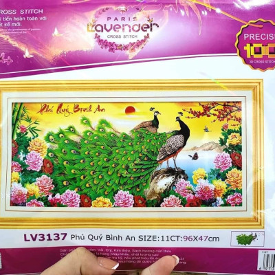 Tranh thêu chữ thập Phú quý bình an LV3137, tranh thêu 3D, kích thước 96 × 47 cm