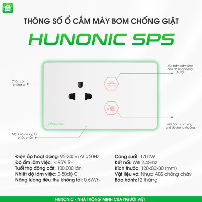 Ổ Cắm Chống Giật Hunonic SPS Bật tắt Máy Bơm, quản lý, mô phỏng lượng nước trên điện thoại, điều khiển bằng giọng nói