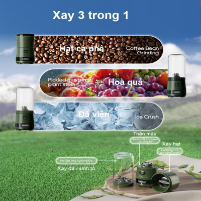 Máy xay hạt cà phê, sinh tố và đá viên dùng pin cầm tay 3 trong 1 thương hiệu Mỹ HiBREW G2 - Hàng Chính Hãng