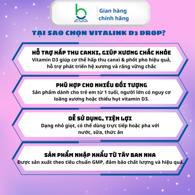 Dung Dịch Nhỏ Giọt Vitalink D3 Drop Bổ Sung Vitamin D3, Hỗ Trợ Xương Chắc Khỏe cho trẻ từ 1 tuổi