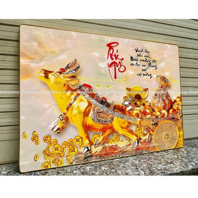 (ẢNH THẬT) Tranh treo tường tráng gương trâu vàng tài lộc 1 bo viền tặng kèm đinh treo