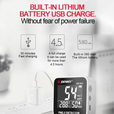 Máy Đo Chất Lượng Không Khí SNDWAY SW-825 - Đo Bụi Siêu Mịn PM2.5 - Đo Nhiệt Độ - Độ Ẩm Thời Gian Thực - Sử Dụng Pin Sạc - Hàng Chính Hãng