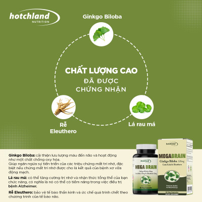 Viên uống Ginkgo Biloba hỗ trợ tăng cường tuần hoàn máu não, bổ não Hotchland Mega Brain TPBVSK-Hàng chính hãng [Hộp 60 viên]-HL0115