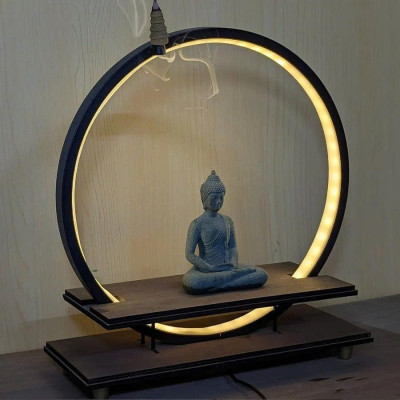 Kệ Gỗ Cao Cấp Kết Hợp Đèn LED Trang Trí Vòng Hào Quang 20/30/40cm – 3 Màu – Decor Bàn Làm Việc, Bàn Trà – Kèm Quà Tặng