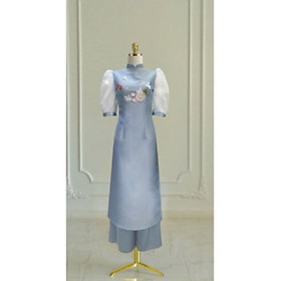 Áo dài cách tân xanh pasto tay tơ phồng kết hoa vòng ngực ( size S )