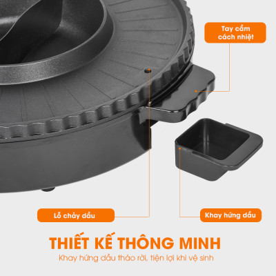 Nồi lẩu điện 2 ngăn Lebenlang LBTT5288, bếp lẩu nướng 2in1 đa năng tròn loại to,công suất 1800W tiện lợi cho gia đình - hàng chính hãng