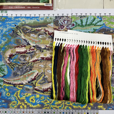 Tranh thêu kín cửu ngư quần hội E183, kích thước 100 x 60 cm