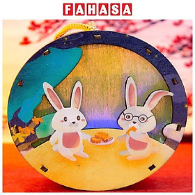 Lồng Đèn Trung Thu Gỗ Mộc Màu : Thỏ Tròn - Bách Mộc 08 (Có Kèm Pin)