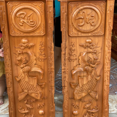 Tranh treo trạm khắc  lý ngư vọng nguyệt bằng gỗ gõ kt 41×117×4cm 